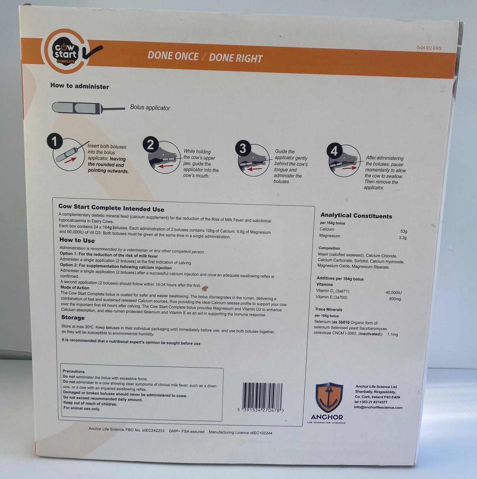 Cow Start supplement instructions and composition details on box.