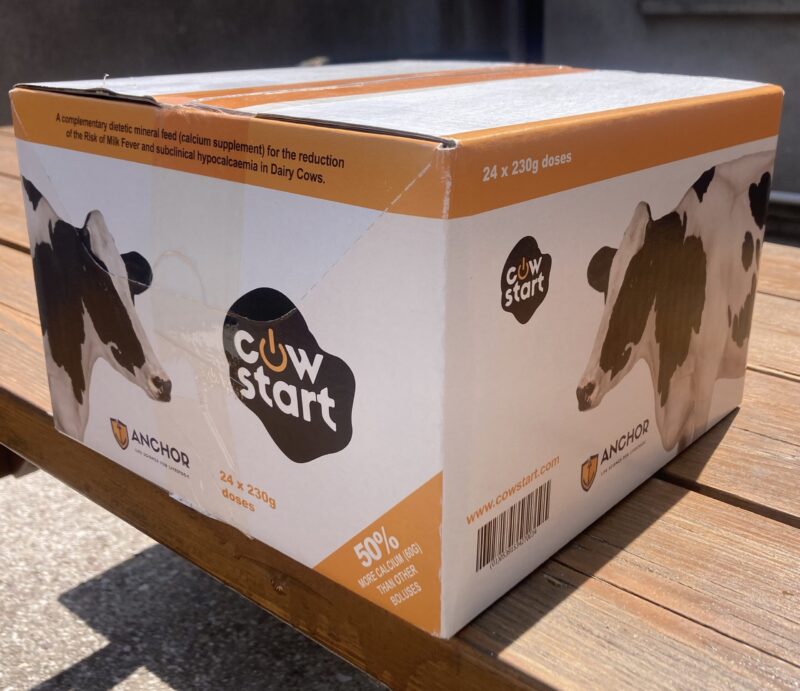 Cow Start calcium supplement box for dairy cows.