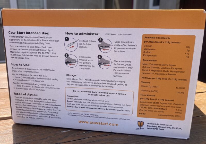 Cow Start feed instructions and composition on box label.